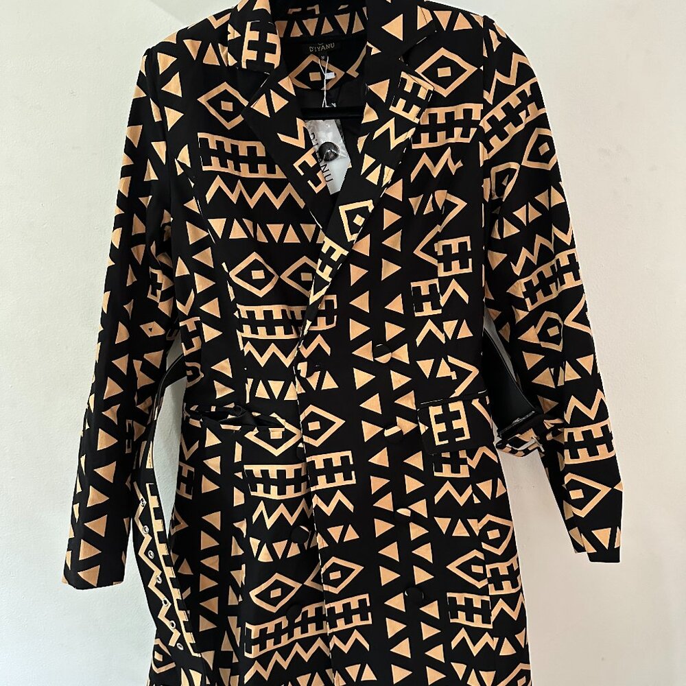 NWT: Diyanu Aniq Women's African Print Stretch Blazer Dress - Tan Black Tribal